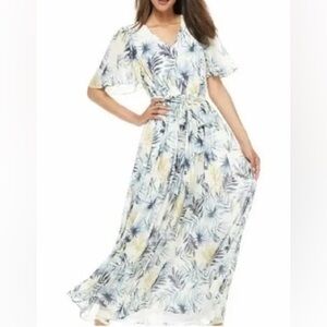 Gal Meets Glam Kiki Palm Leaf Tropical Print Pleated Maxi Dress